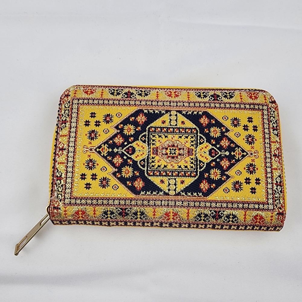 Oriental Carpet‎ Purse Clutch Zipper Yellow Red Black 4 Compartments Plus Coin - Picture 8 of 8